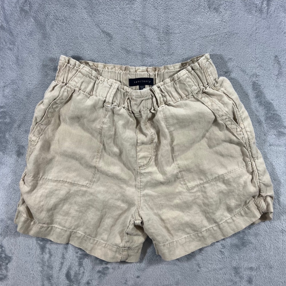 SANCTUARY 100 Linen Shorts Womens XS Beige Elastic Waist Paperbag Summer Casual